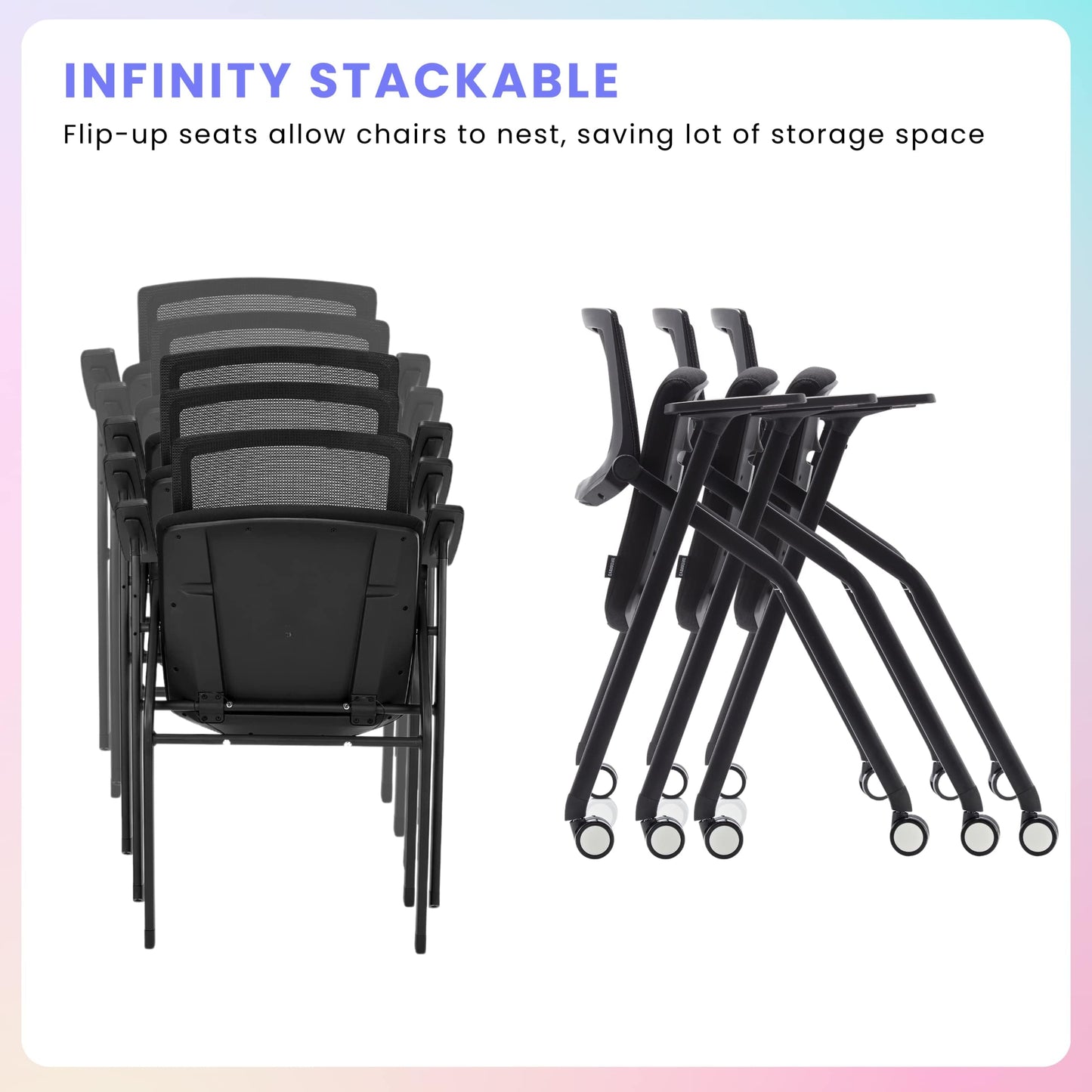 BROBRIYO 10 Pack Stackable Conference Room Chairs with Wheels and Paddle, Ergonomic Mesh Back and Arms for Meeting, Conference, Reception, Training Room & Home Office Desk Folding Chairs