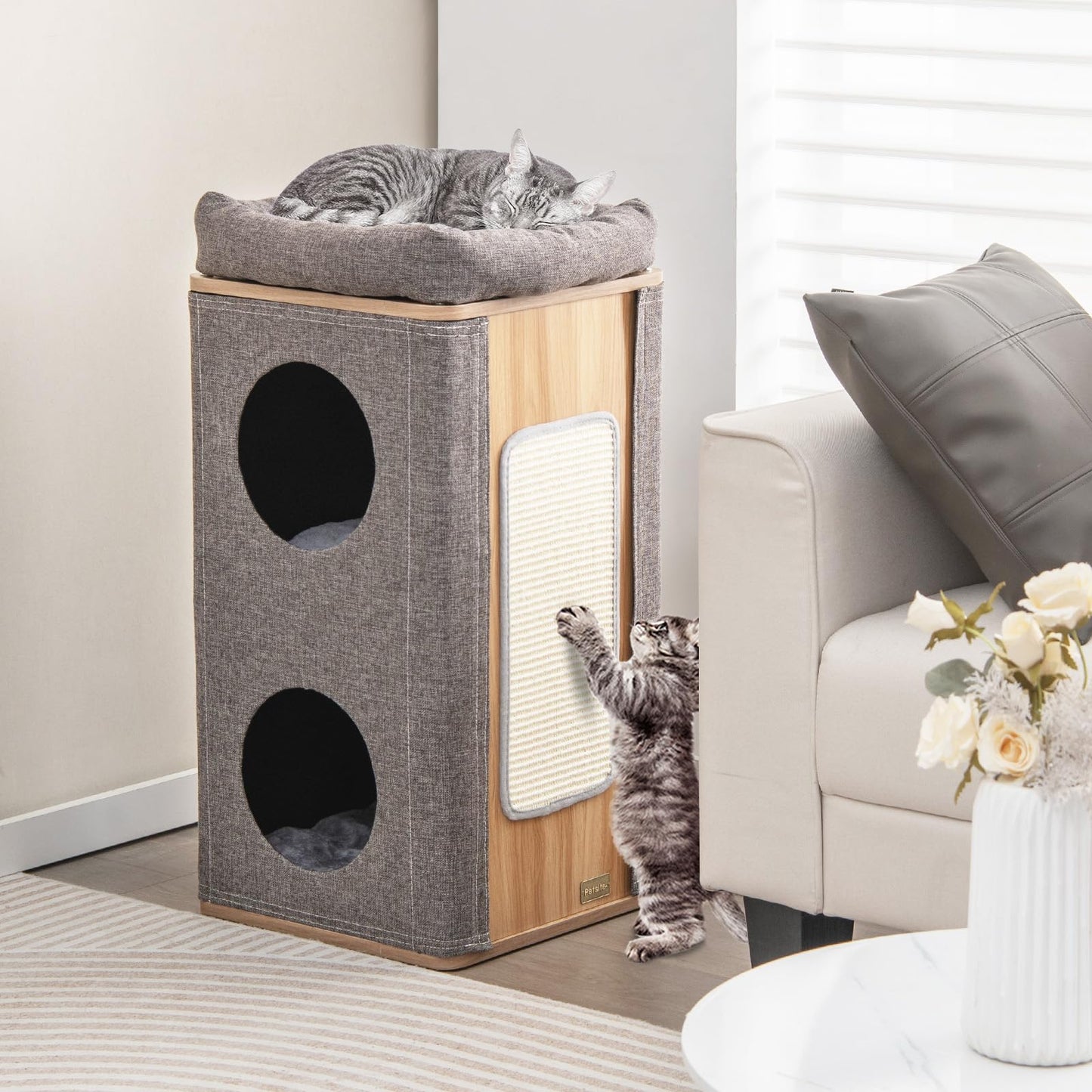 Tangkula 3-Story Cat Tree Condo, Wooden Cat House with Scratching Board, 2 Hideaways & Removable Soft Top Plush Bed, Modern Barrel-Shaped Cat Tower Furniture for Indoor Cats (Grey)