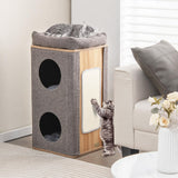 Tangkula 3-Story Cat Tree Condo, Wooden Cat House with Scratching Board, 2 Hideaways & Removable Soft Top Plush Bed, Modern Barrel-Shaped Cat Tower Furniture for Indoor Cats (Grey) Tangkula