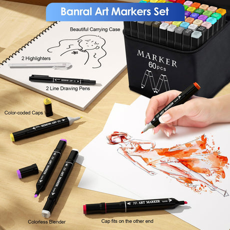 Banral 60 Colors Alcohol Markers Set, Dual Tip Alcohol Based Art Marker for Artists Kids Adult Coloring, Permanent Illustration Sketch Pens for Drawing with Case and Holders Banral