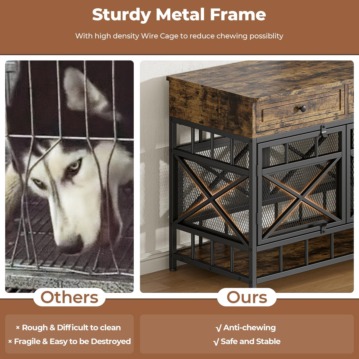 IRONCK 44 inch Large Dog Crate Furniture, Wooden Dog Kennel with Storage Drawers for Medium/Large Dogs, Decorative Dogs Kennel Indoor, Rustic Brown IRONCK