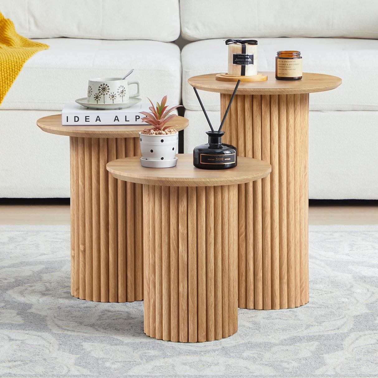 Bifins Round Nesting Coffee Table Set of 3,Mid Century Modern Fluted Coffee and End Table Set,Small Circle Wooden Side Table Drink Table for Living Room (Natural) Bifins