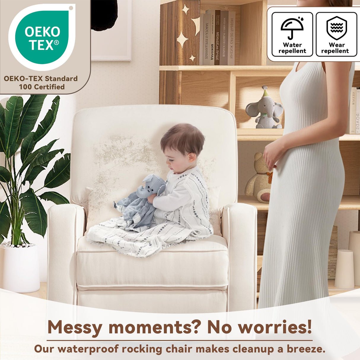 Tbfit Nursery Rocking Chair, 360° Swivel Glider Recliner with Lumbar Support, Comfy Upholstered Armchair with Pillows & Footrest for Living Room & Bedroom (Handle Switch, Beige) Tbfit