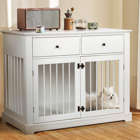 PUKAMI Dog Crate Furniture with Drawers,44inch Wooden Dog Kennel Furniture for Large Breed,End Table Wood Dog House for Indoor use,Dog Crate for Small/Medium/Large Dog(White) PUKAMI