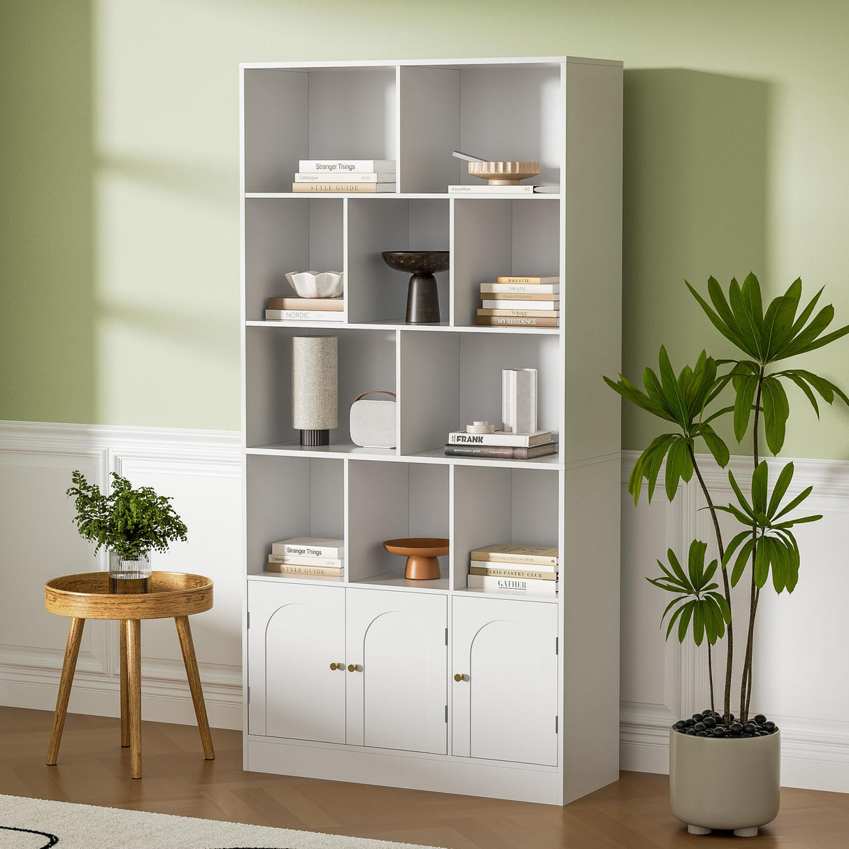 Housoul 71" Tall Bookshelf with 10 Cubes and 3 Doors, 4-Tier Bookshelf, Open Shelf Bookcase with Cabinet, Modern Cube Storage Organizer for Living Room, and Office, White Housoul