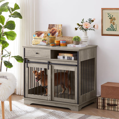 Furniture Style Large Dog Crate End Table with Drawer, Pet Kennels with Double Doors, Corner Dog Crate Furniture,Decorative Pet Crates Dog House Indoor for Dogs （Grey, 35inch）