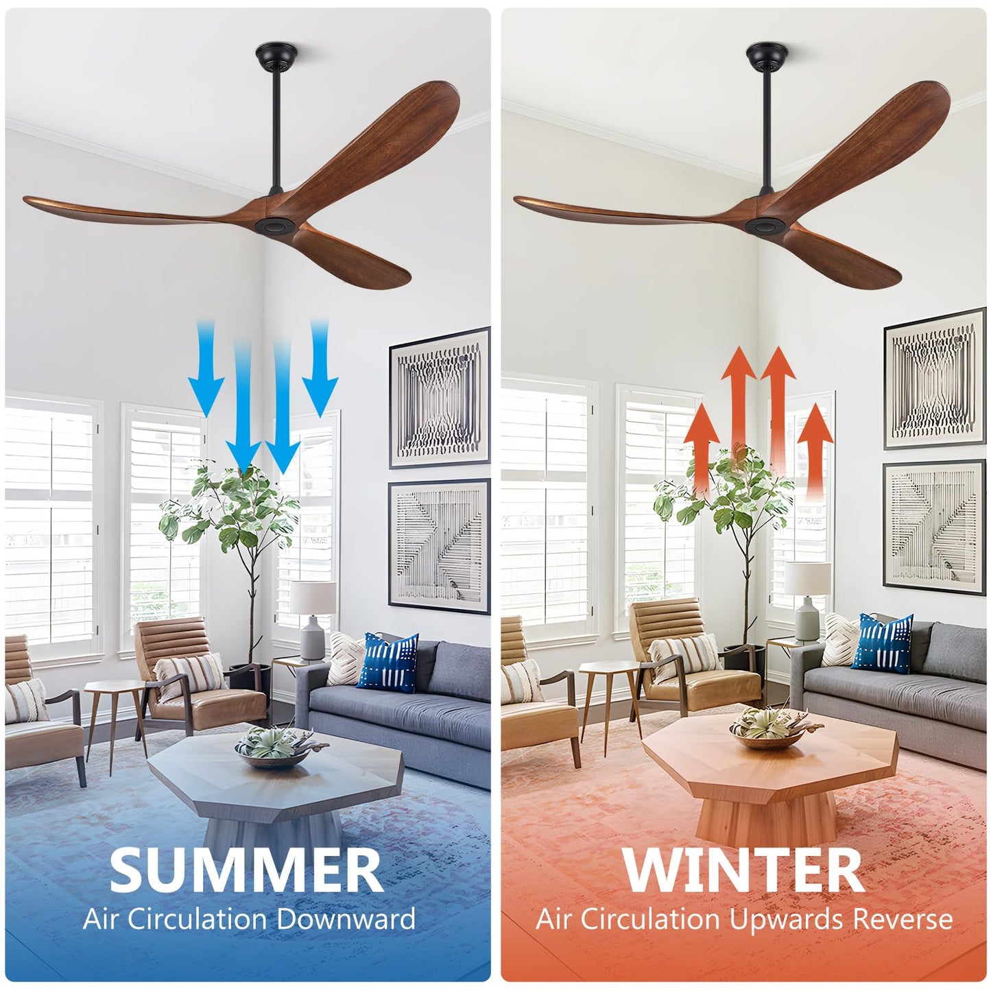 ABZ Ceiling Fans Without Lights - 72 Inch Outdoor Ceiling Fans no Lights with Remote Control, 3 Blade Solid Wood Ceiling Fans for Patios Living Room Bedroom Porch