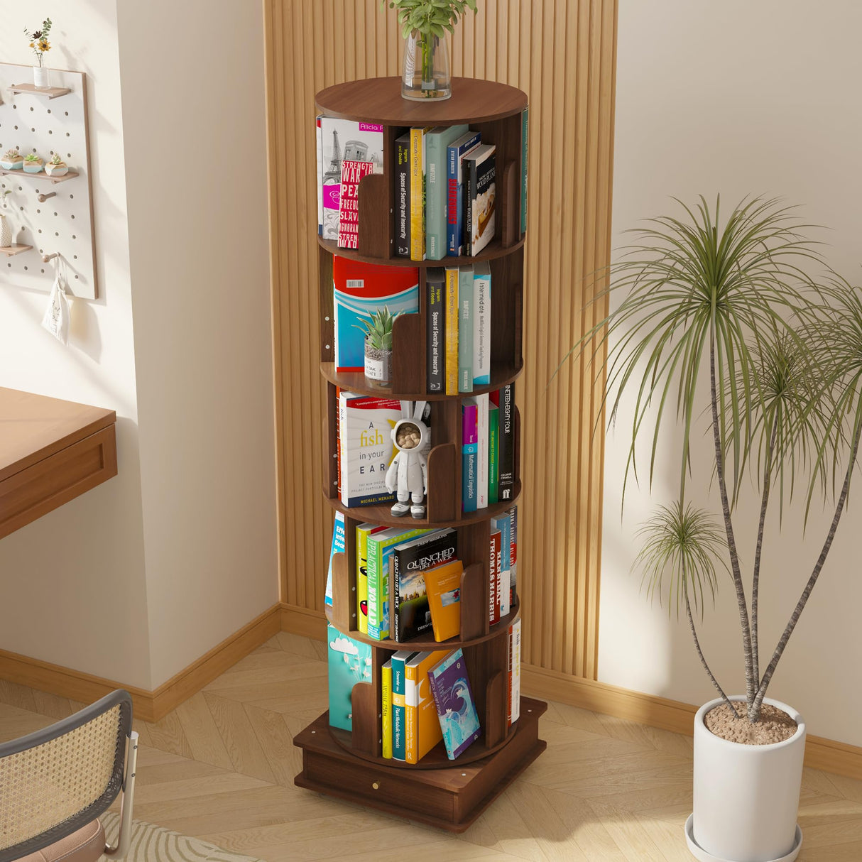 RNE Walnut 6-Tier 360 Rotating Solid Wood Bookshelf Tower with Drawers and Wheels RNE