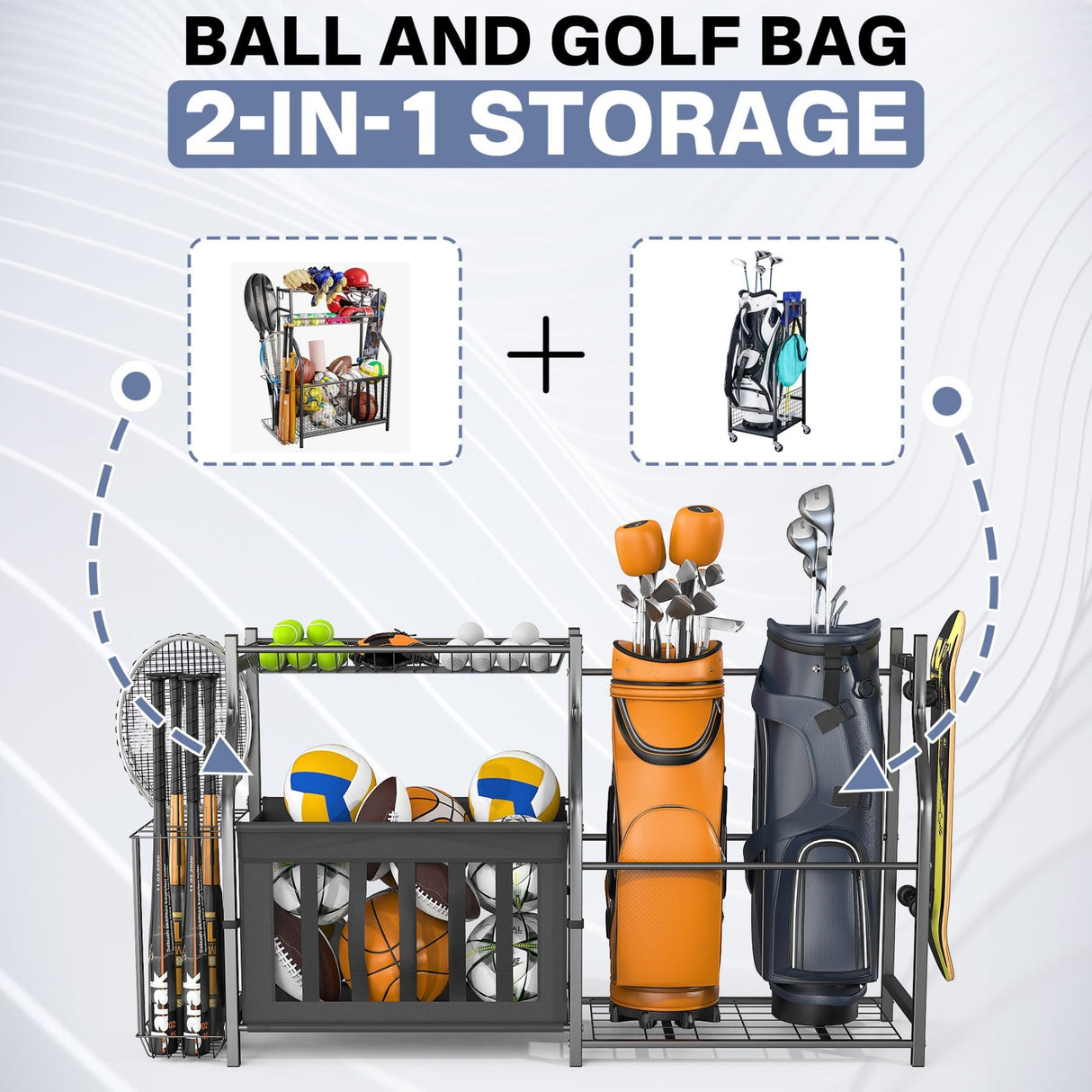WALMANN Garage Sports Equipment Organizer, Ball Storage Stand, Indoor Golf Bags Stand for Garage WALMANN