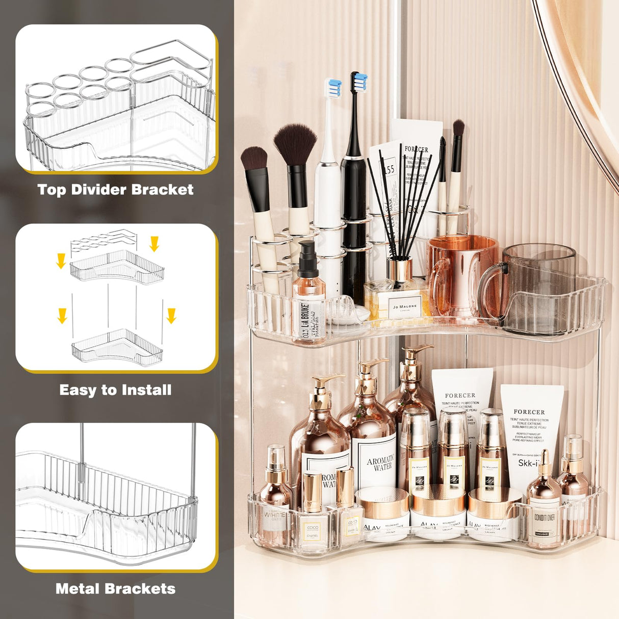 Asayuee 2-Tier Corner Bathroom Counter Organizer with Top Toothbrush Holders,Large Makeup Organizer Countertop with Brush Holder,Skincare Organizers Corner,Exquisite Vanity Organizer(Clear, 2 Tier) Asayuee