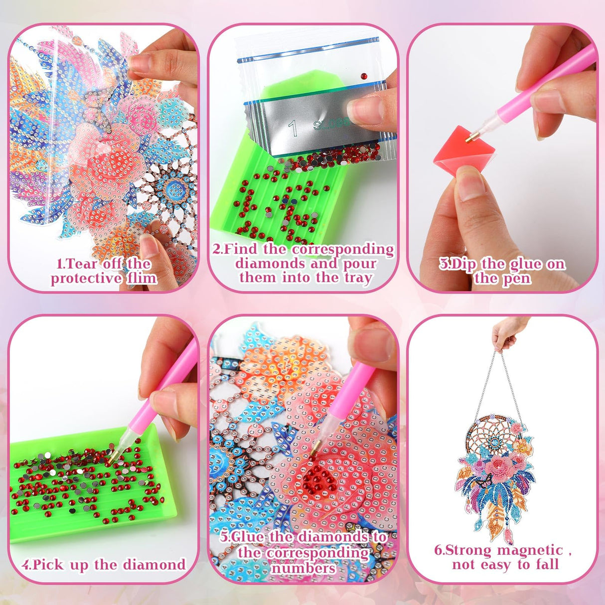 Saillong 2 Pcs Dream Catcher Diamond Art Painting Kits for Adults DIY Summer Butterfly Flower Suncatcher Hanging Diamond Painting Art Wind Chime Hanging for Home Window Door Decor(Flower) Saillong