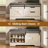 UPOSOJA Farmhouse Storage Bench with Cushion, Shoe Rack with Slide Barn Doors, Adjustable Shelf and 2 Drawer for Entry, Bedroom, Closet, Living Room, Hallway (White Brown, 40 in) UPOSOJA