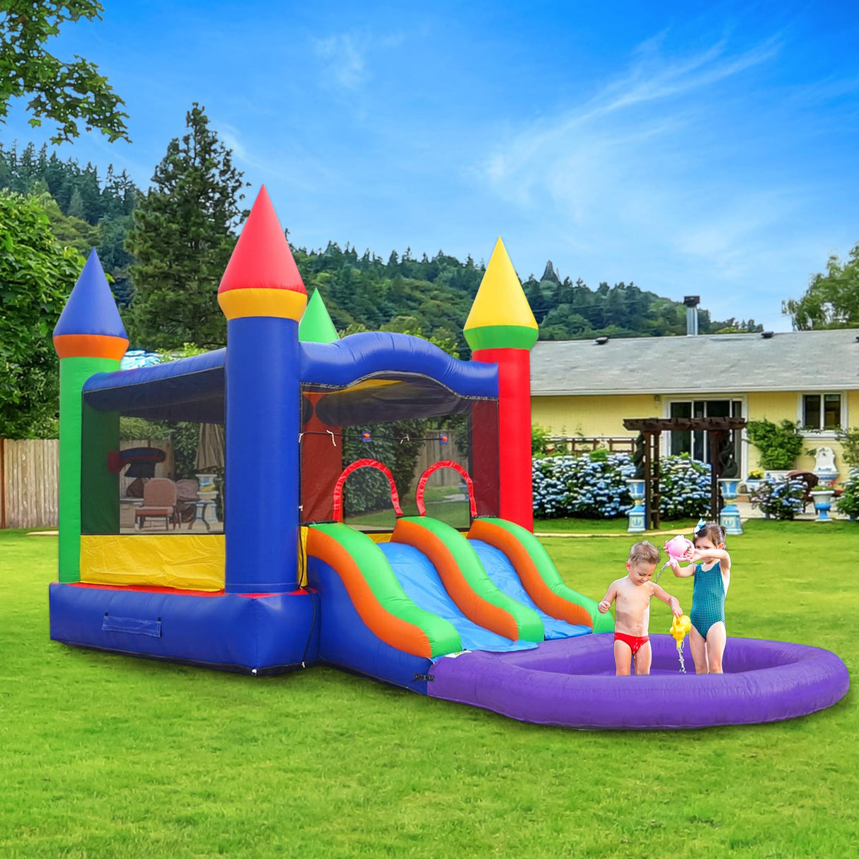 Inflatable Bounce House with Slide for Kids - Backyard Modular Rainbow Castle Combo Bouncer with Water Pool, Outdoor Toys, Jumpers for Kids - Bounce House with Blower & Stakes - 12' x 12' Area Pogo Bounce House