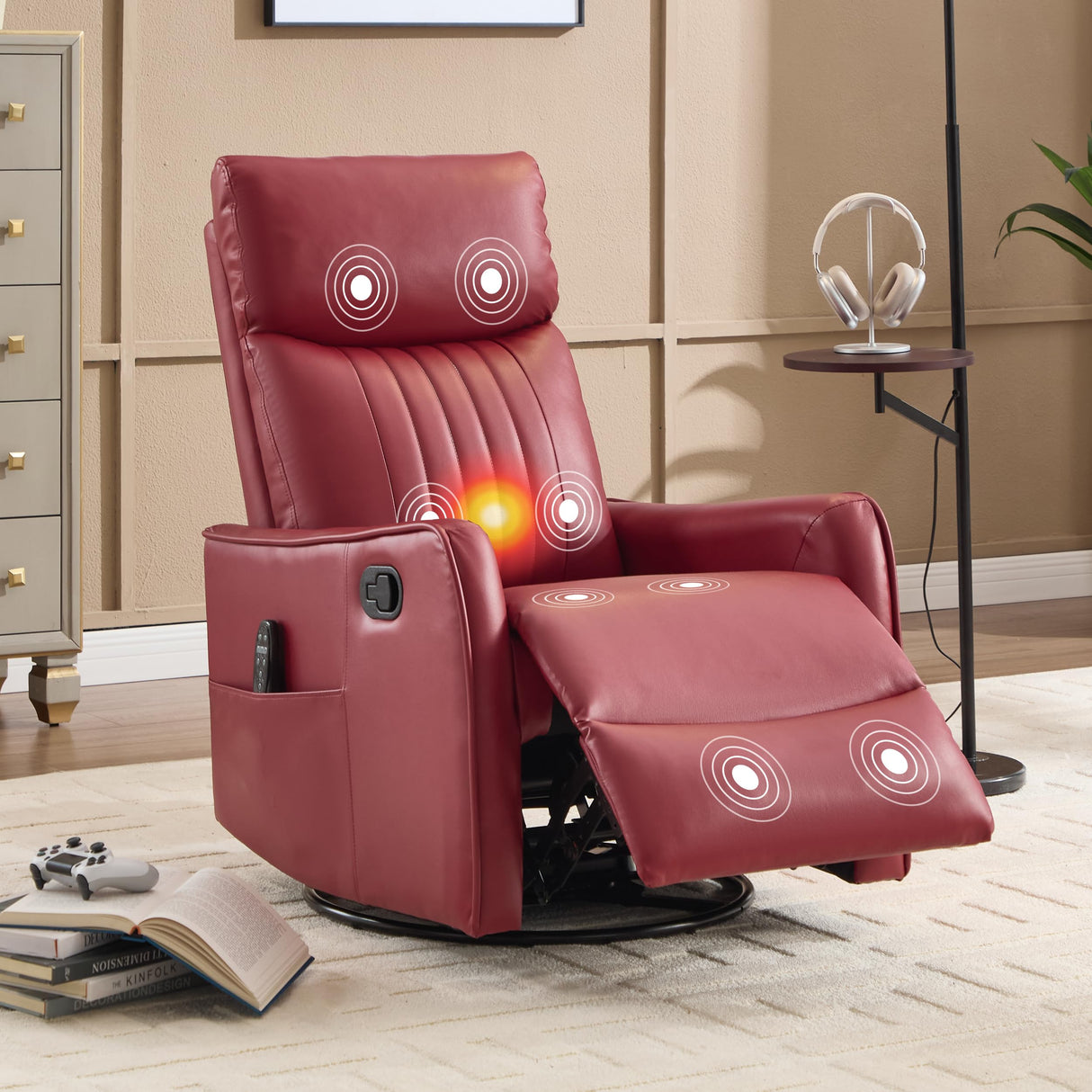 Manual Swivel Rocker Recliner Chair for Adults, Overstuffed Reclining Glider Chair for Nursing with Vibration Massage & Heat, Living Room Rocking Recliner 2-Stage backrest, Faux Leather Red EZZUP