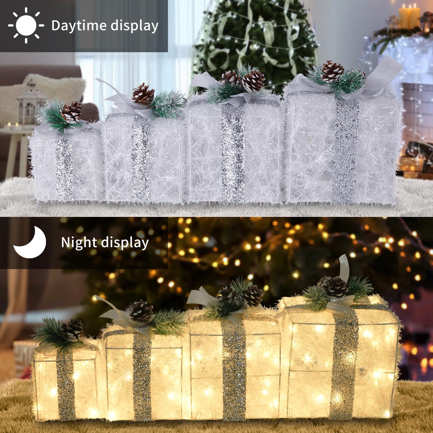 COVFEVER Set of 4 Christmas Lighted Gift Boxes, Pre-lit Lights Gift Boxes, Light up Present Boxes Set Battery Operated with Different Sizes for Holiday Indoor Outdoor Decorations