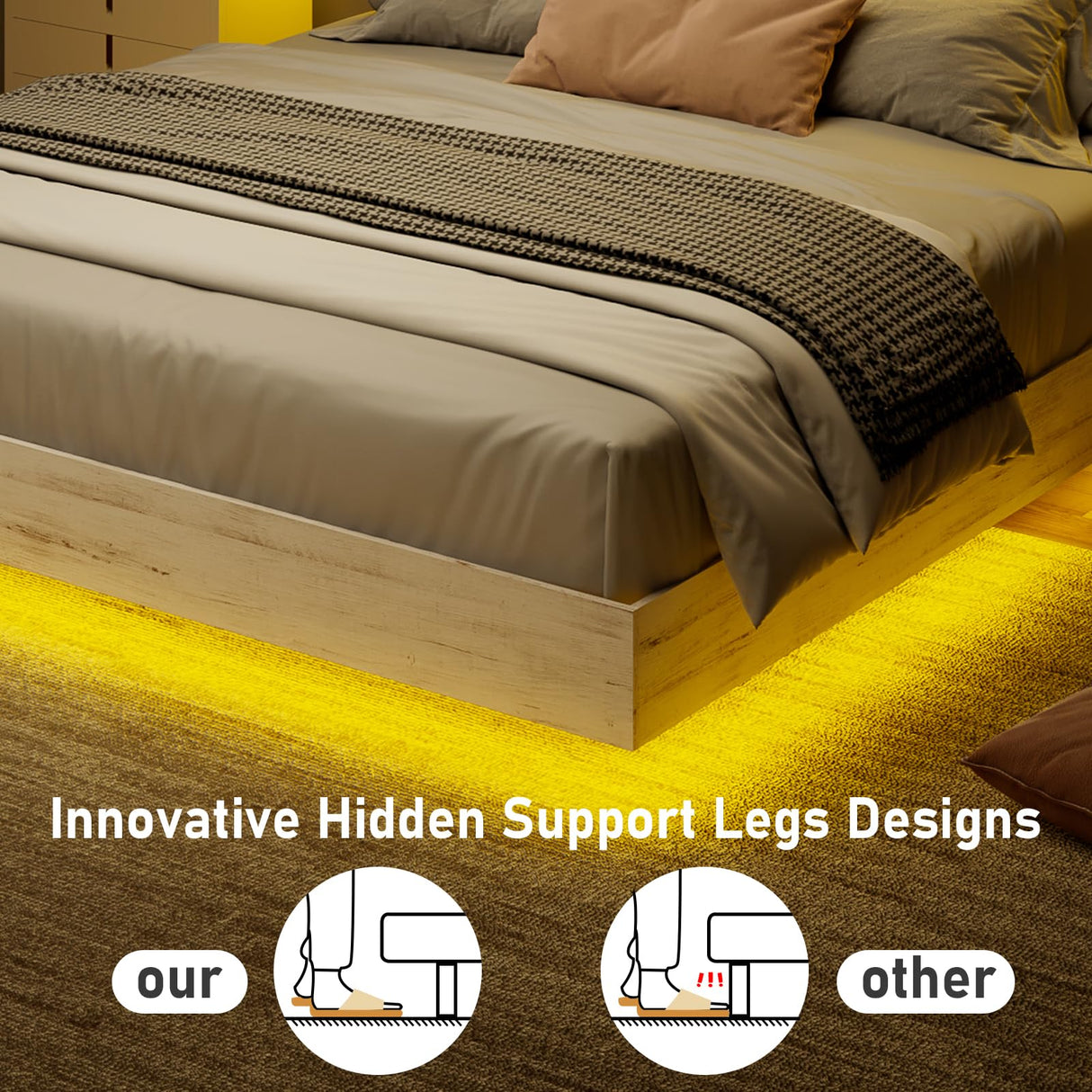 LUXOAK Queen Size Floating Platform Bed Frame with LED Light and Headboard, Farmhouse Bed Frame/No Box Spring Needed/Noise Free/Easy Assembly, Distressed White LUXOAK