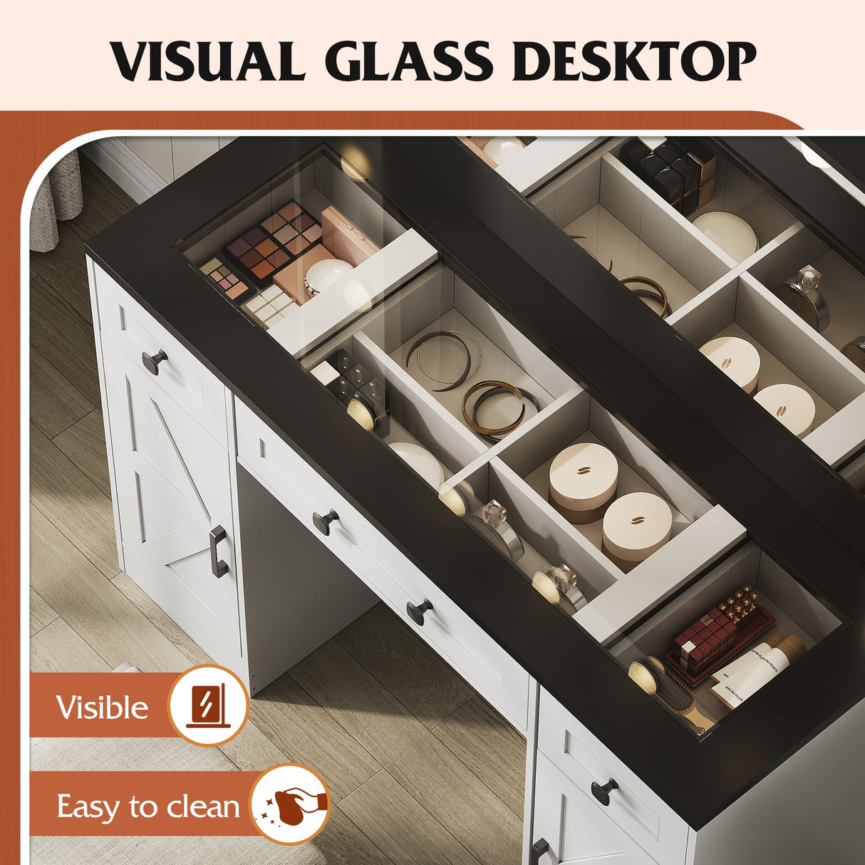 WLIVE 43‘’ Farmhouse Makeup Vanity Desk with Large Mirror and Lights, Glass Top Vanity Table with 3 Drawers and 2 Cabinets, Dressing Table w/ 3 Color Modes for Bedroom, Vanity with Lights (White) WLIVE