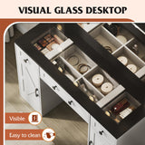 WLIVE 43‘’ Farmhouse Makeup Vanity Desk with Large Mirror and Lights, Glass Top Vanity Table with 3 Drawers and 2 Cabinets, Dressing Table w/ 3 Color Modes for Bedroom, Vanity with Lights (White) WLIVE