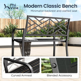 PHI VILLA 43 Inch Cast Iron Steel Frame Outdoor Garden Bench, Patio Furniture Chair Bench w/Line Pattern Design Backrest, Slatted Seat for Park, Yard, Porch - Black PHI VILLA