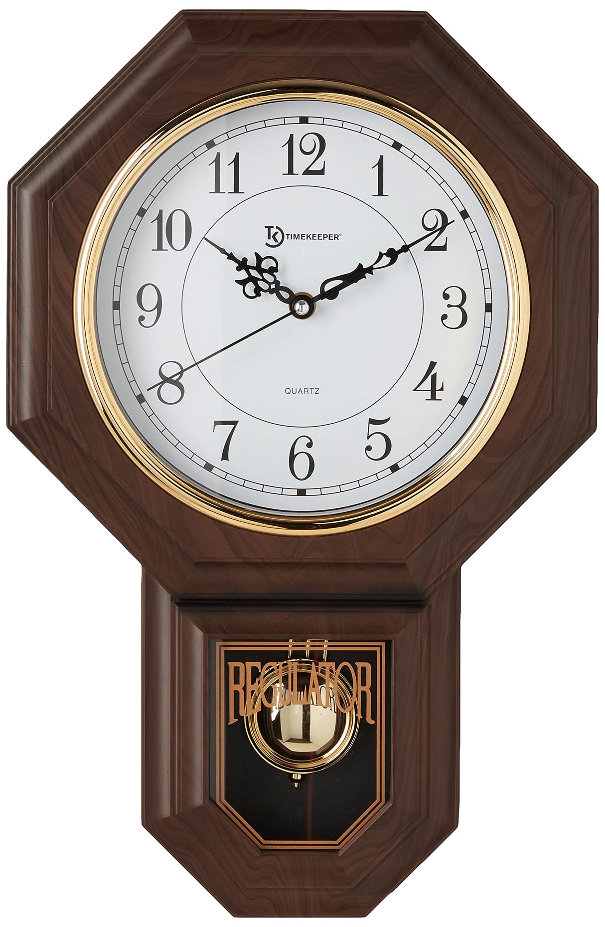 Timekeeper Essex Westminster Chime Faux Wood Pendulum Wall Clock, 17.5" x 11.25", Walnut Timekeeper