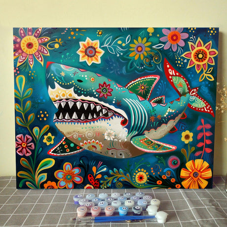 Aihonmin Fierce Shark Paint by Numbers for Adults, Flower DIY Acrylic Watercolor Painting by Numbers for Beginners 16x20 inch Painting Craft On Canvas Home Decor(Without Frame) Aihonmin