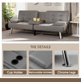 Flamaker Futon Sofa Bed Modern Folding Futon Set PU Leather Convertible Recliner Lounge for Living Room with 2 Cup Holders, Removable Armrests (PU Leather, Grey) Flamaker