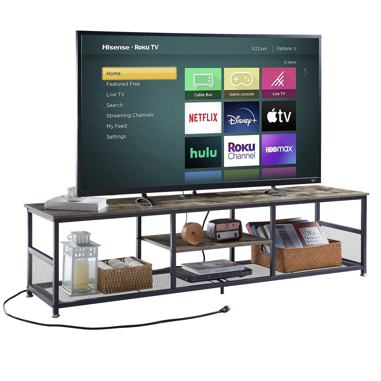 VECELO TV Stand with Power Outlets for Televisions up to 80Inch, 70" Media Entertainment Center with Charging Station 3-Tier Open Storage Shelves with Metal Frame for Living Room/Bedroom，Grey VECELO