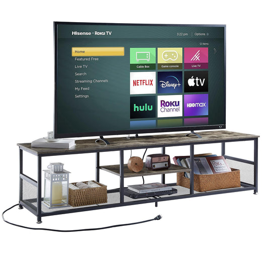 VECELO TV Stand with Power Outlets for Televisions up to 80Inch, 70" Media Entertainment Center with Charging Station 3-Tier Open Storage Shelves with Metal Frame for Living Room/Bedroom，Grey