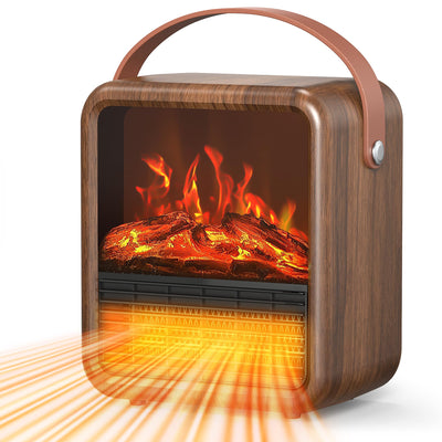 Riseon Small Portable Space Heater for Indoor use with Realistic 3D Flame, Mini Electric Fireplace Heater with Thermostat, 1500W/750W PTC Ceramic Heating, Tip-Over Safety Switch, Walnut