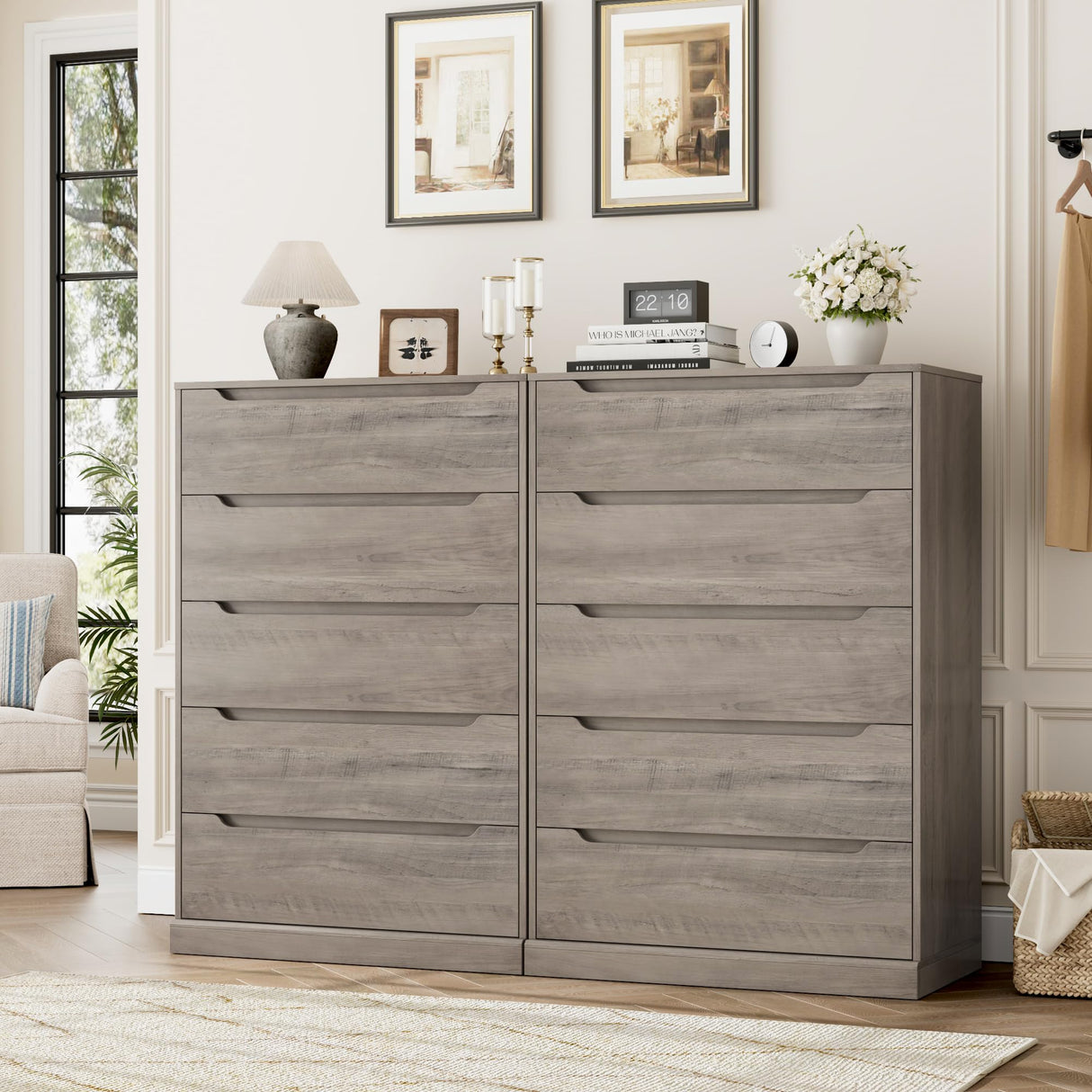 HOSTACK 43.3" Tall Modern 5 Drawer Dresser for Bedroom, Large Chest of Drawers with Storage, Wood Clothes Storage Organizer with Cut-Out Handle, Accent Storage Cabinet for Living Room, Ash Gray HOSTACK