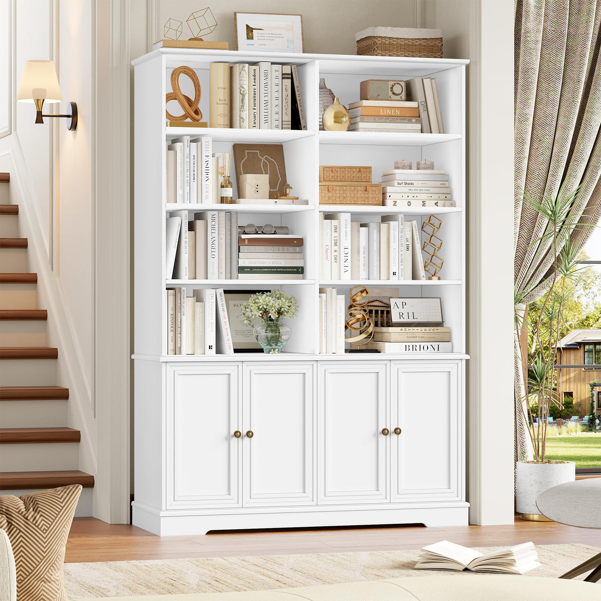 FINETONES 73" Tall Bookshelf with Doors, 6-Tier White Bookshelf Double Wide Bookcases and Bookshelves with Storage, Tall Book Shelf Large Bookcase Standing Book Cabinet for Home Office FINETONES