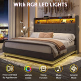 Jocisland 53.1" H Queen Size Bed Frame with Hydraulic Lift Up Storage, RGB LED & Built-in Bookcase Headboard, Velvet Upholstered Wingback Design, No Box Spring Needed, Dark Grey Jocisland