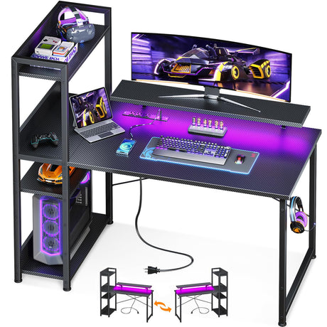 ODK Reversible Gaming Desk with USB Charging Port and LED Lights, 40 Inch Computer Desk with Storage Shelves & Monitor Stand, Study Table for Home Office, Small Space Bedroom, Carbon Fiber Black ODK