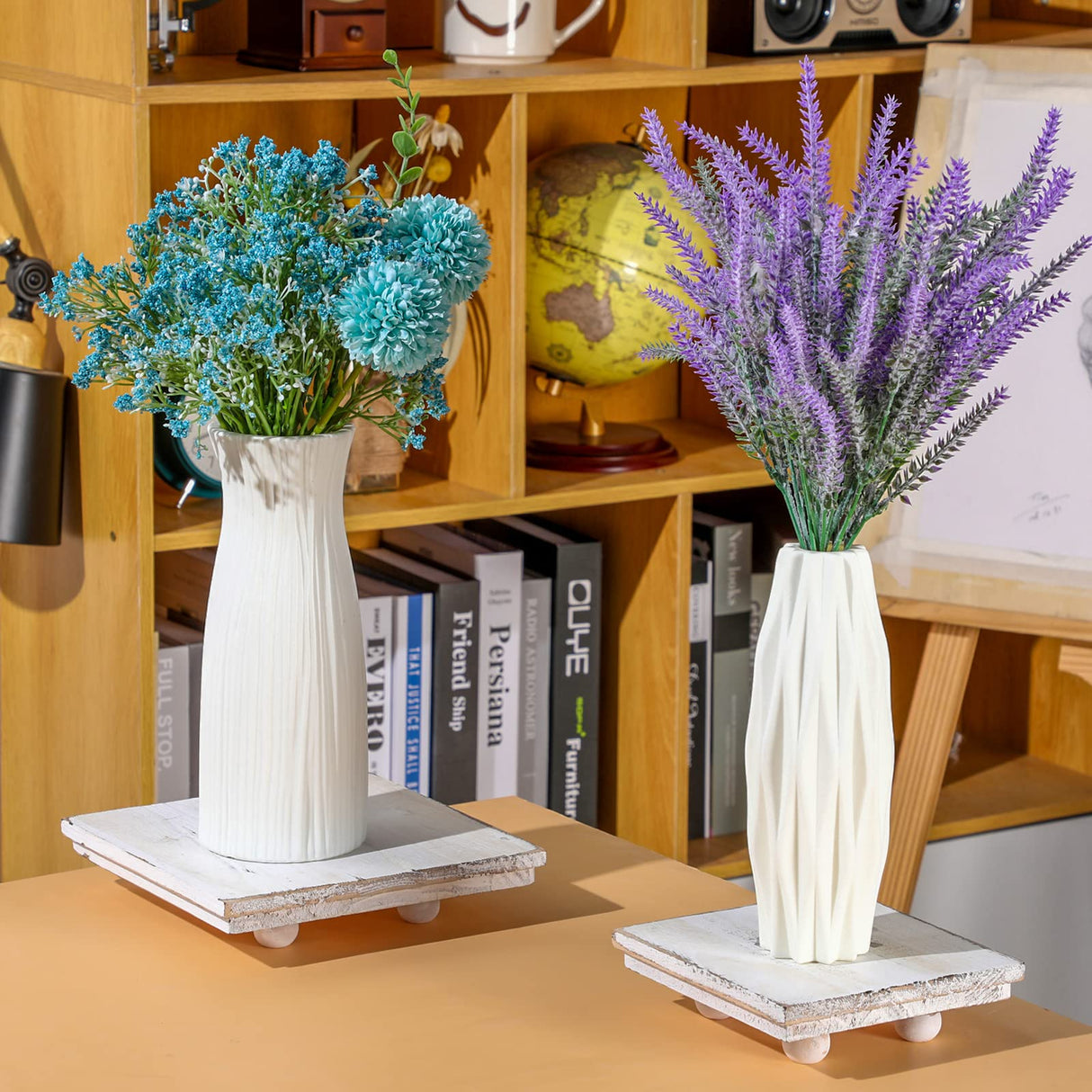 Thyle Set of 3 Wooden Risers for Display Wood Pedestal Stand Square Wood Tiered Display Stand Washed White Wood Display Riser Wood Risers for Decor Rustic Farmhouse Riser for Home Kitchen Tiered Tray Thyle