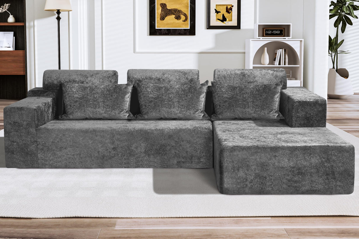 HABUTWAY 105" L-Shape Modular Sectional Sofa Couch for Living Room,No Assembly Required,Modular Comfy Sofa with Deep Seat for Living Room Bedroom,Luxury Distressed Velvet(Right,Grey) HABUTWAY