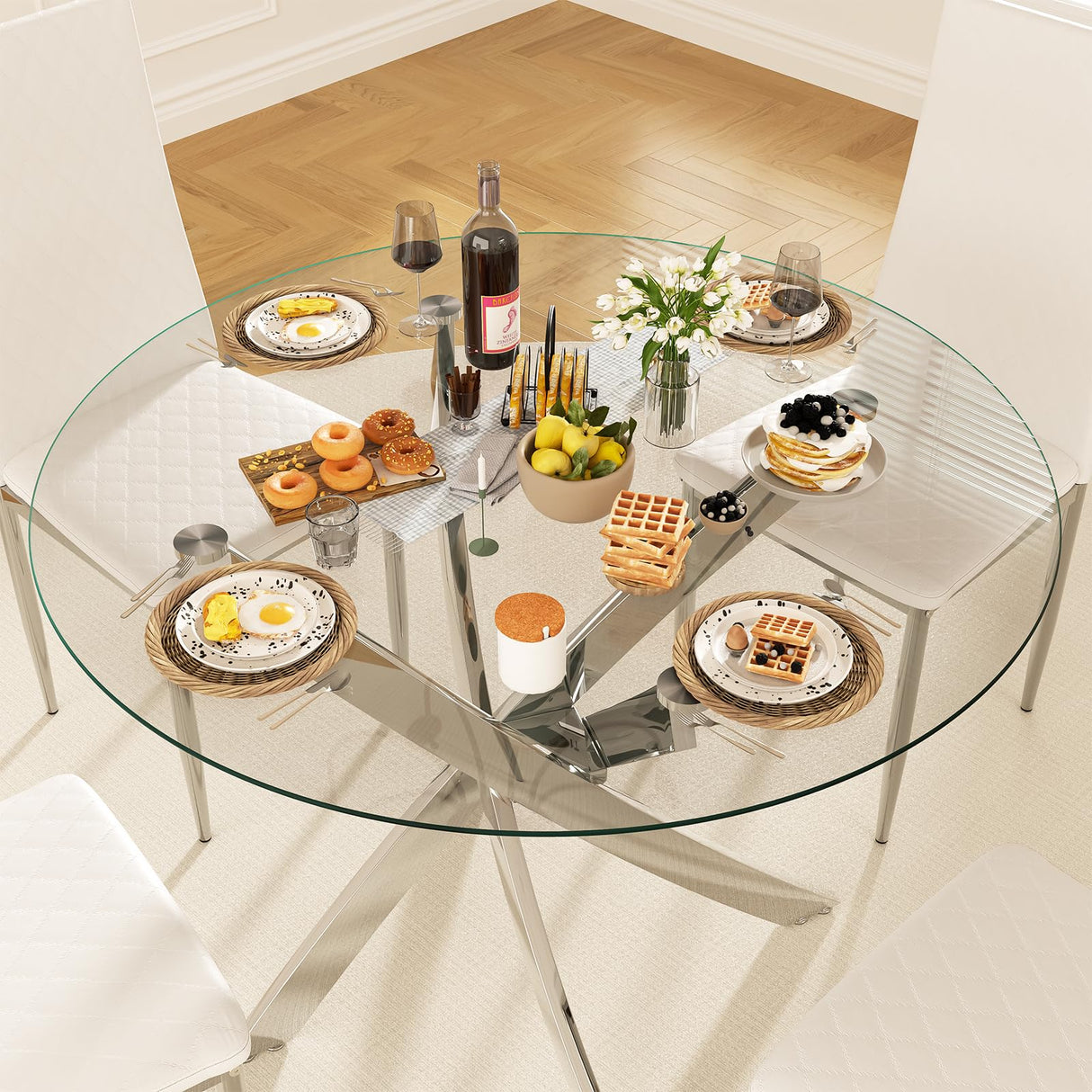 QJZLXKYT Round Dining Table Set for 4, Modern Glass Dining Room Table with Chairs, 5 Piece Kitchen Table and Chairs Set, for Living Room, Small Space (Include 4 White Chairs) QJZLXKYT