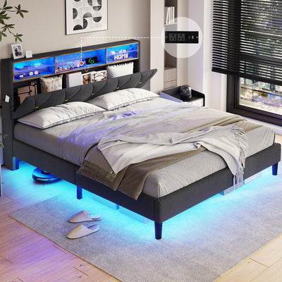BTHFST Full Size Bed Frame with Outlets and USB Ports, Full Bed Frame with LED Lights, Upholstered Platform LED Bed Frame with Storage Shelf Headboard, No Box Spring Needed, Dark Grey