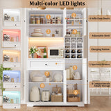 FINETONES Pantry Cabinet with Charging Station and LED Lights, 71" Tall Kitchen Pantry Cabinet with Microwave Stand, Modern Kitchen Hutch Cabinet with Storage Drawer for Kitchen, Dining Room, White FINETONES