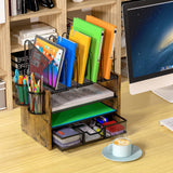 DAOUTIME 4-Tier Mesh Desk Organizer, Wooden Desk File Organizer with 5 Vertical File Holders and 2 Pen Holders, Desktop Organizer with Drawer, Desk Organizers and Accessories for Home Office DAOUTIME