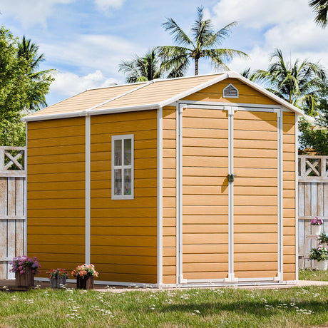 Outdoor Resin Storage Shed with Floor Inlcuded,8x6 FT Large Waterproof Outside Sheds Kit with Window Lockable 2 Doors, Plastic Sheds for Garden Backyard Patio Lawn Tools,Wood Color WELYAS
