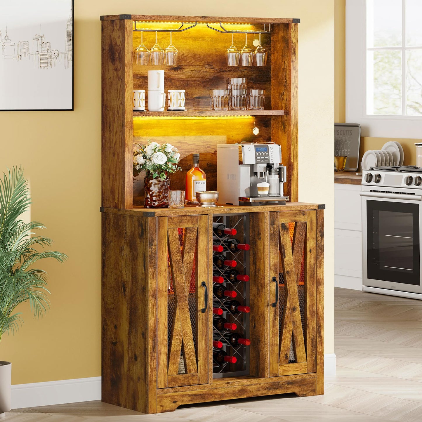 YITAHOME Wine Bar Cabinet with LEDLights, 65 Inch Farmhouse Liquor Cabinet Coffee Bar with Adjustable Shelves, Kitchen Storage Cabinet for Dinning Room, Kitchen, Living Room, Rustic Oak