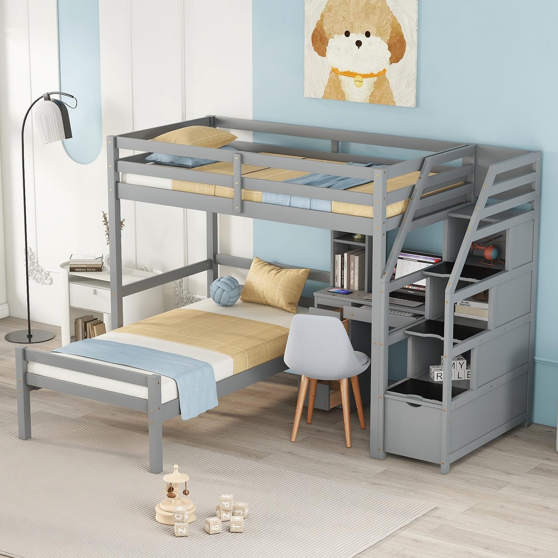 Harper & Bright Designs Twin Loft Bed with Storage Stairs, Desk and Removable Bottom Bed – Grey - WoodArtSupply