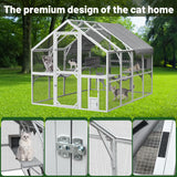 YOPTO 110" Outdoor Cat House Big Catio Wooden Cat Shelter Enclosure with Platforms,Upgrade Waterproof Cover,Large Spacious Interior,Two Small Sliding Doors,Grey&White YOPTO