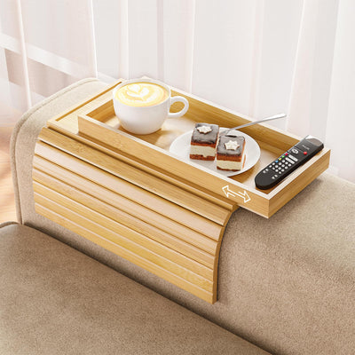 Bestjing Bamboo Sofa Armrest Tray Table for Couch - 2-in-1 Couch Arm Table Tray with Be Slide Detachable Tray - Anti-Slip Foldable Armchair Table Tray for Drinks Cup Cellphone Remote Snacks (Bamboo)