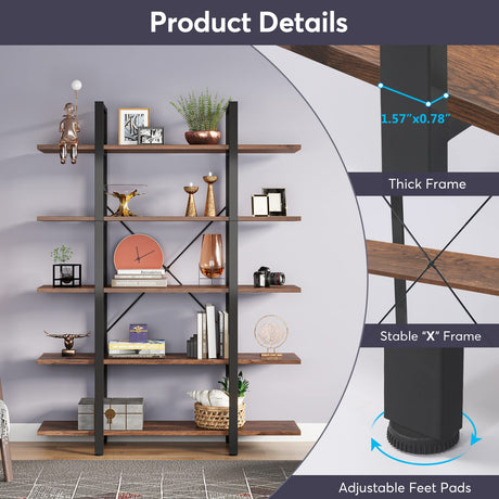 Tribesigns Vintage Industrial 5-Tier Bookshelf - Retro Brown, 72 H x 12 W x 47 L Inches Tribesigns
