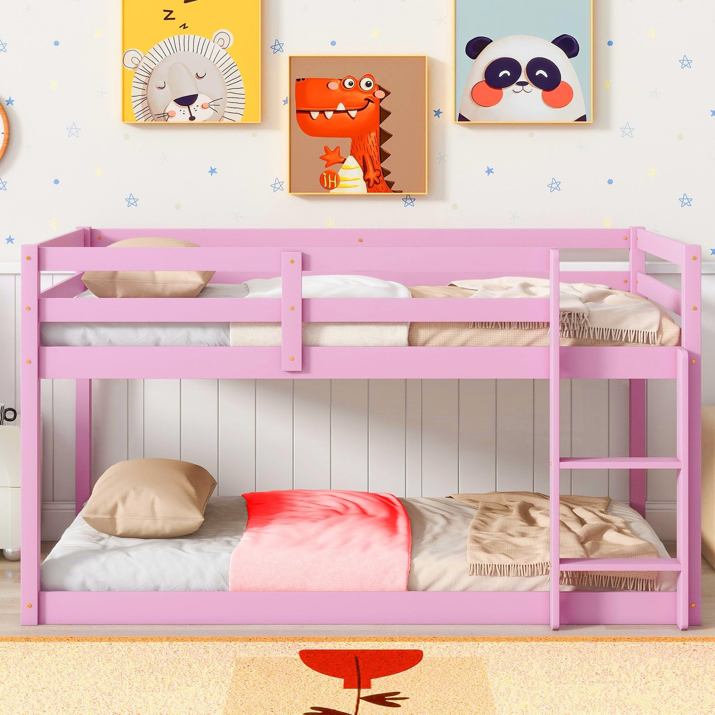 Ochangqi Bunk Beds for Girls,Twin Over Twin,Pine Wood,Easy Assemble,Convertible to Low Profile Loft Bed(Pink)