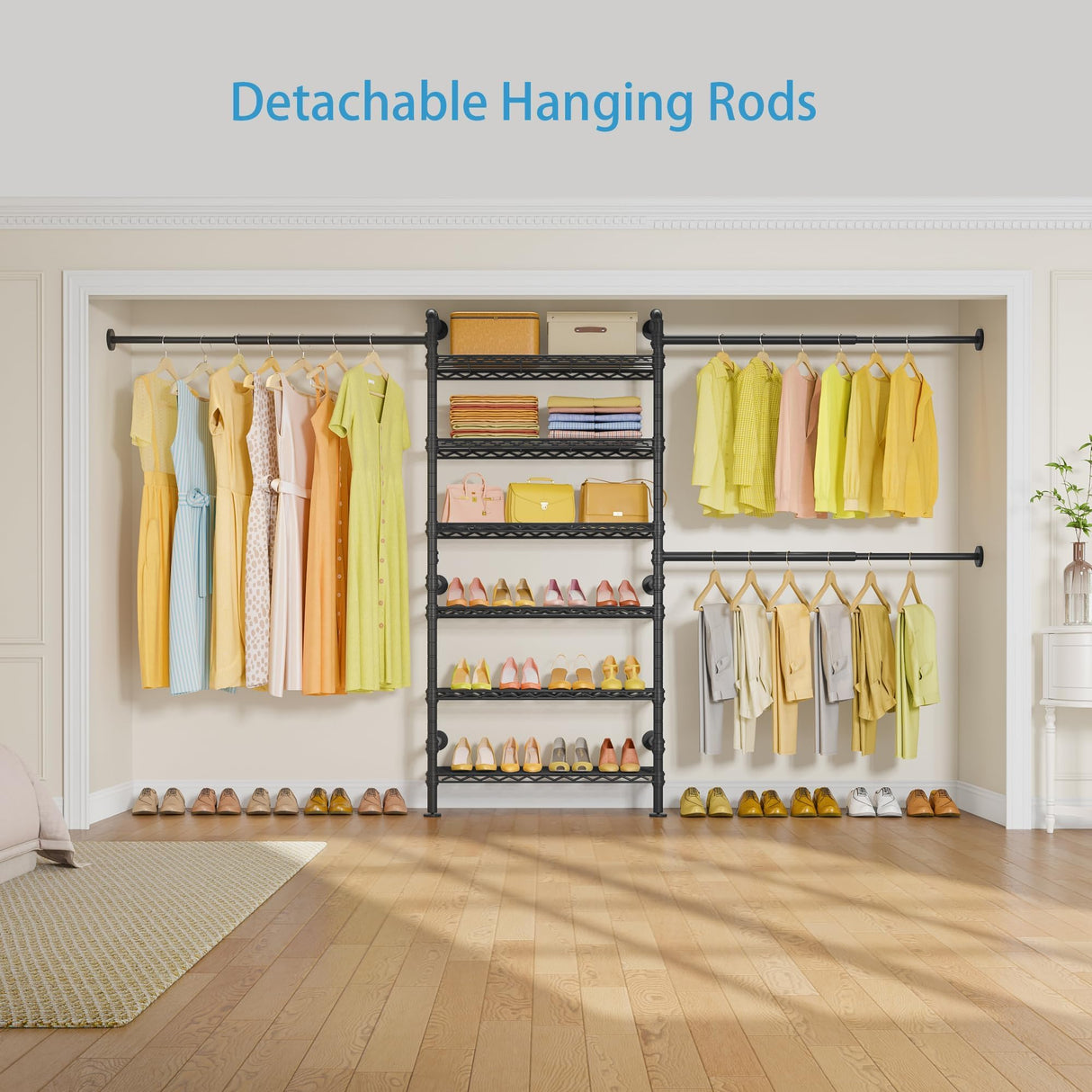 Timate P3 Closet System, Expandable Wall Mounted Closet System with 6 Adjustable Shelves & 4 Expandable Hanger Rods, Industrial Pipe Clothing Rack for Hanging Clothes, Fits Spaces 6'4"-9'3", Black Timate
