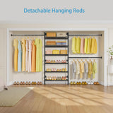 Timate P3 Closet System, Expandable Wall Mounted Closet System with 6 Adjustable Shelves & 4 Expandable Hanger Rods, Industrial Pipe Clothing Rack for Hanging Clothes, Fits Spaces 6'4"-9'3", Black Timate