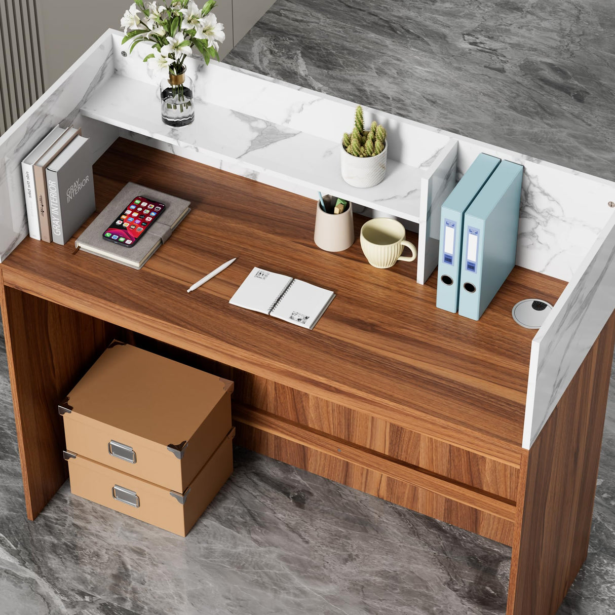 UEV Modern Reception Desk with Counter, 47“ Front Desk Reception Room Table with Cable Grommet, Marble Texture Top Front & Led Lights, Retail Counter for Beauty Salon, Checkout, Home Office UEV