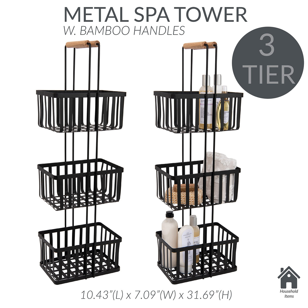 Simplify 3 Tier Metal Spa Tower | Bamboo Handles | Decorative Shelving Unit | Baskets | Bathroom Storage | Toiletries | Towels | Soap | Black Simplify